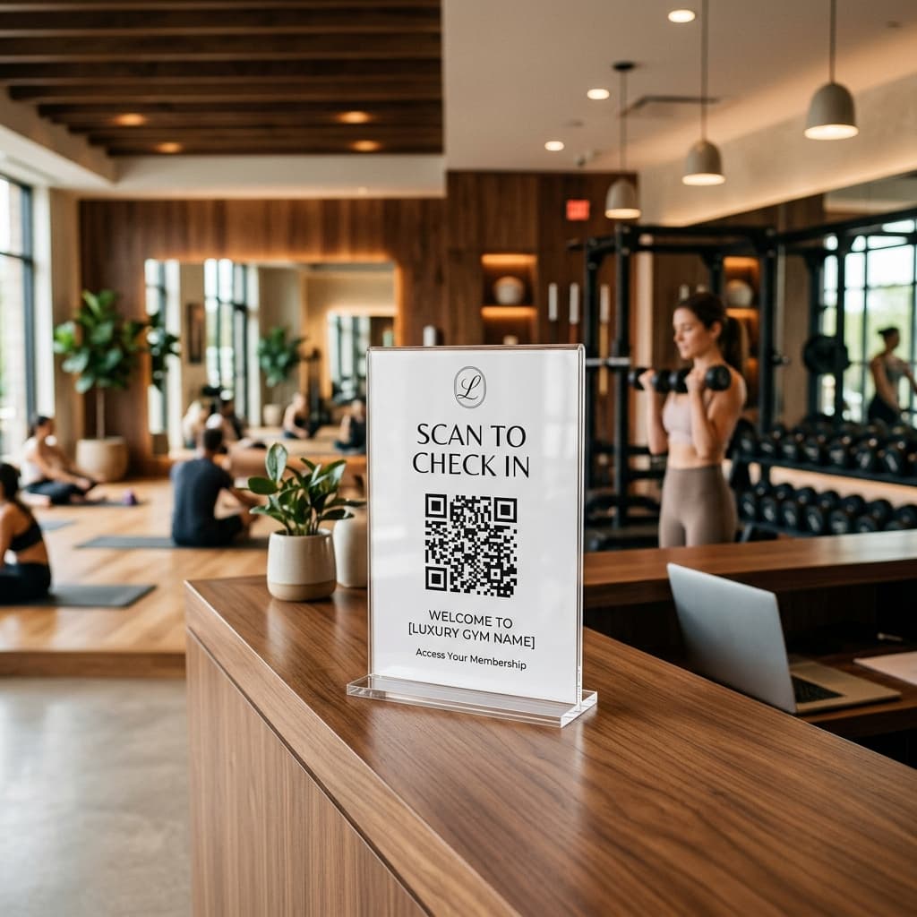 Premium gym QR stand table mockup