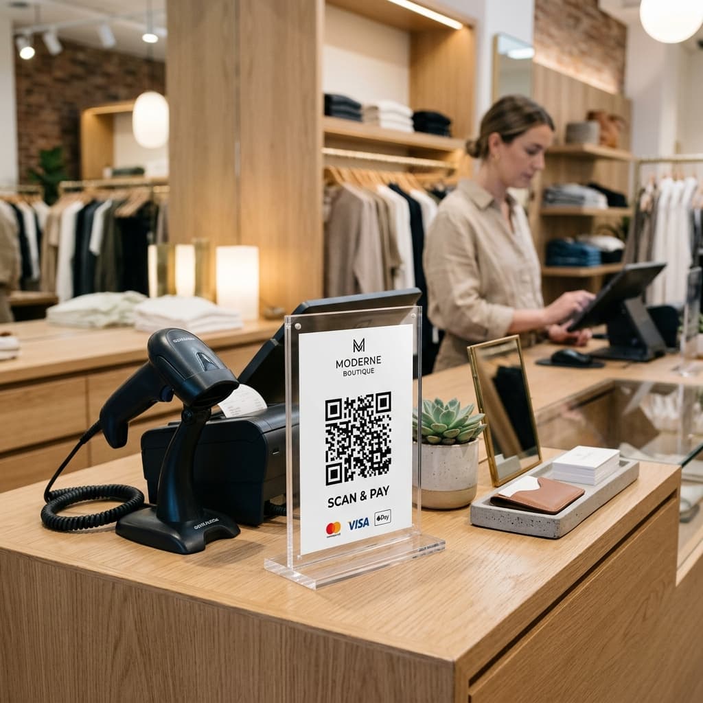 Premium retail QR stand table mockup