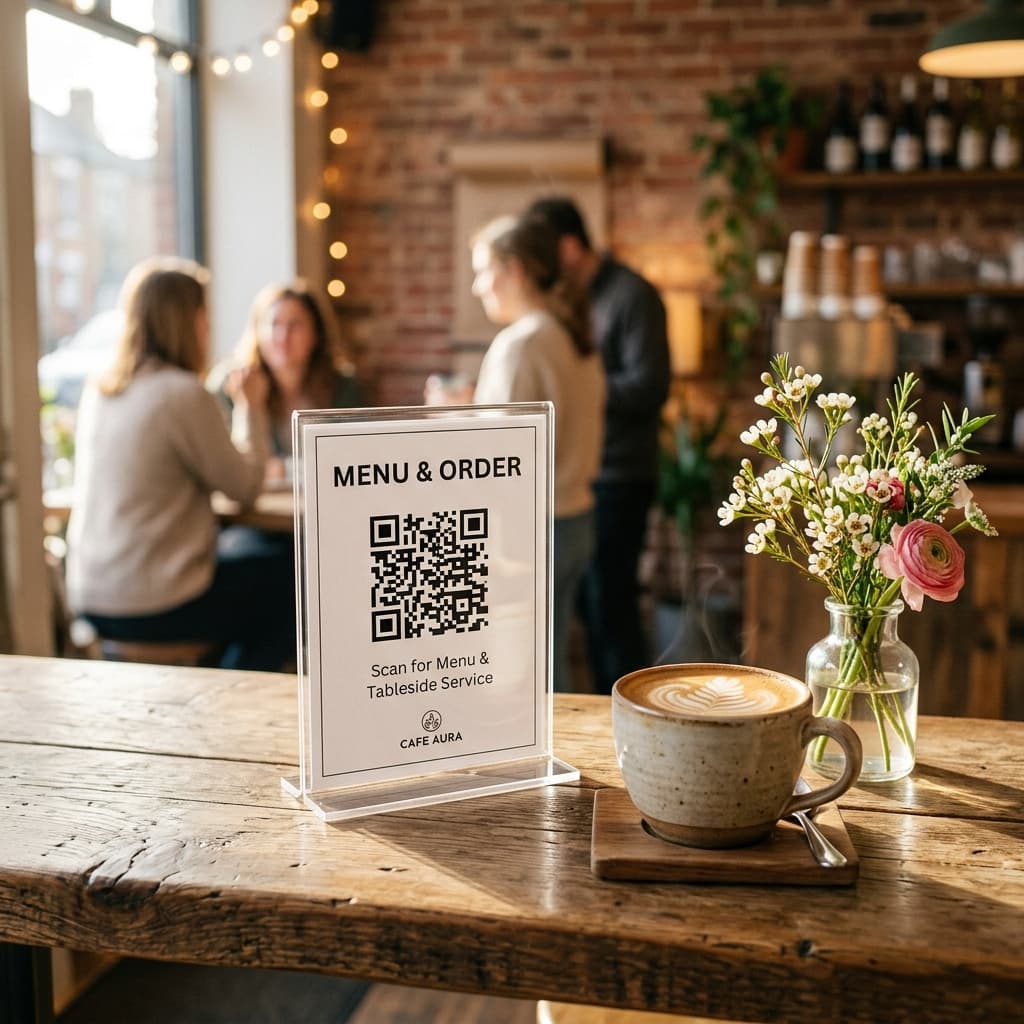 Premium café QR stand table mockup