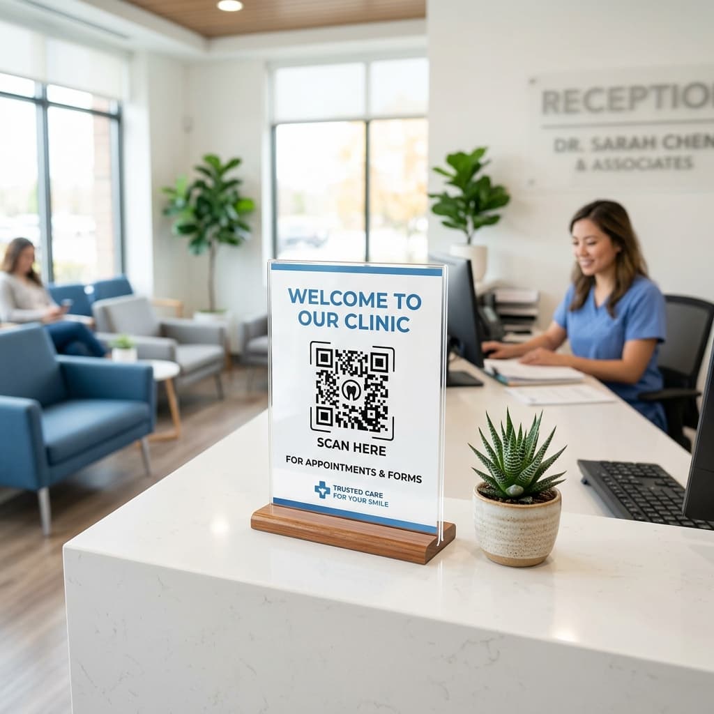 Premium clinic QR stand table mockup