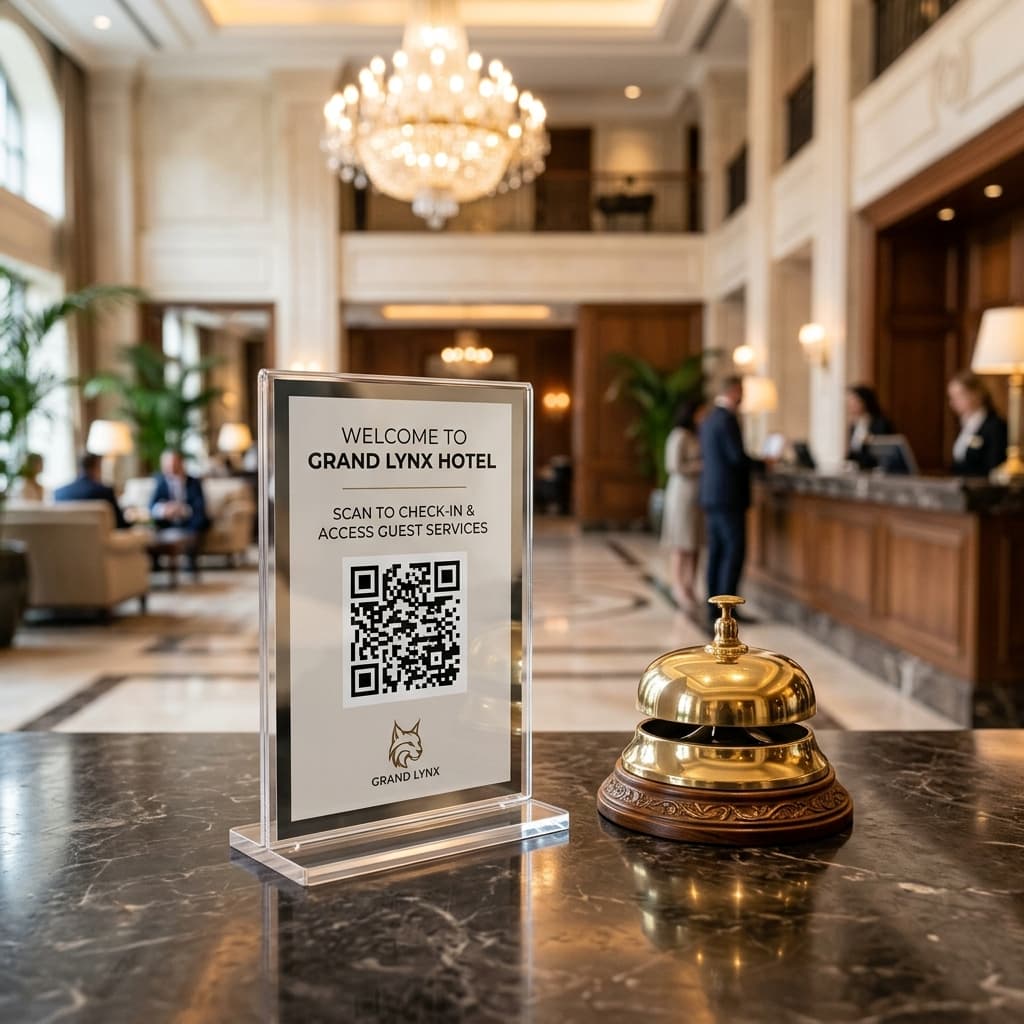 Premium hotel QR stand desk mockup