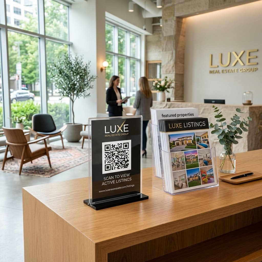Premium real estate agency QR stand table mockup