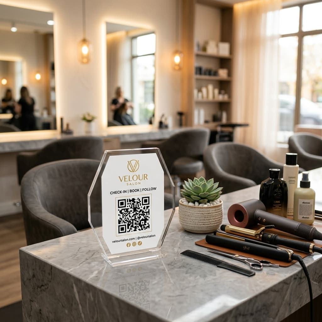Premium salon QR stand table mockup